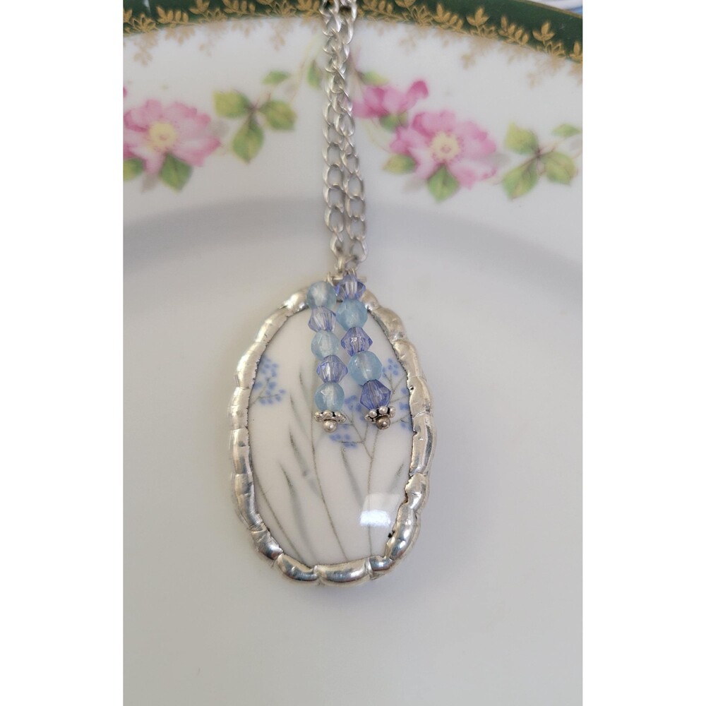 Broken China Pendant Necklace with Blue Wildflowers, Soft Soldered with Beads